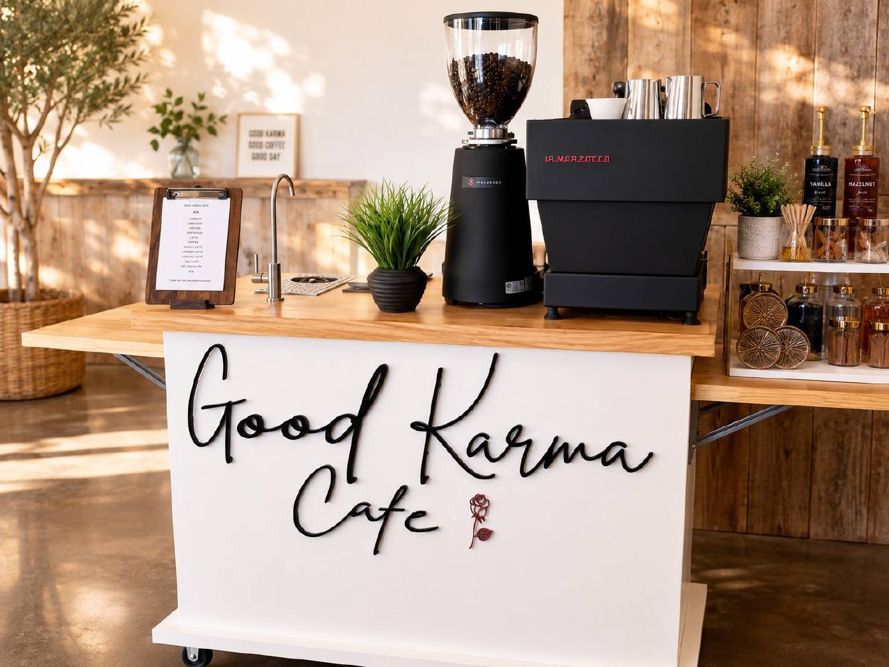 The cart styled with a custom Good Karma Cafe acrylic sign, espresso machine and syrups