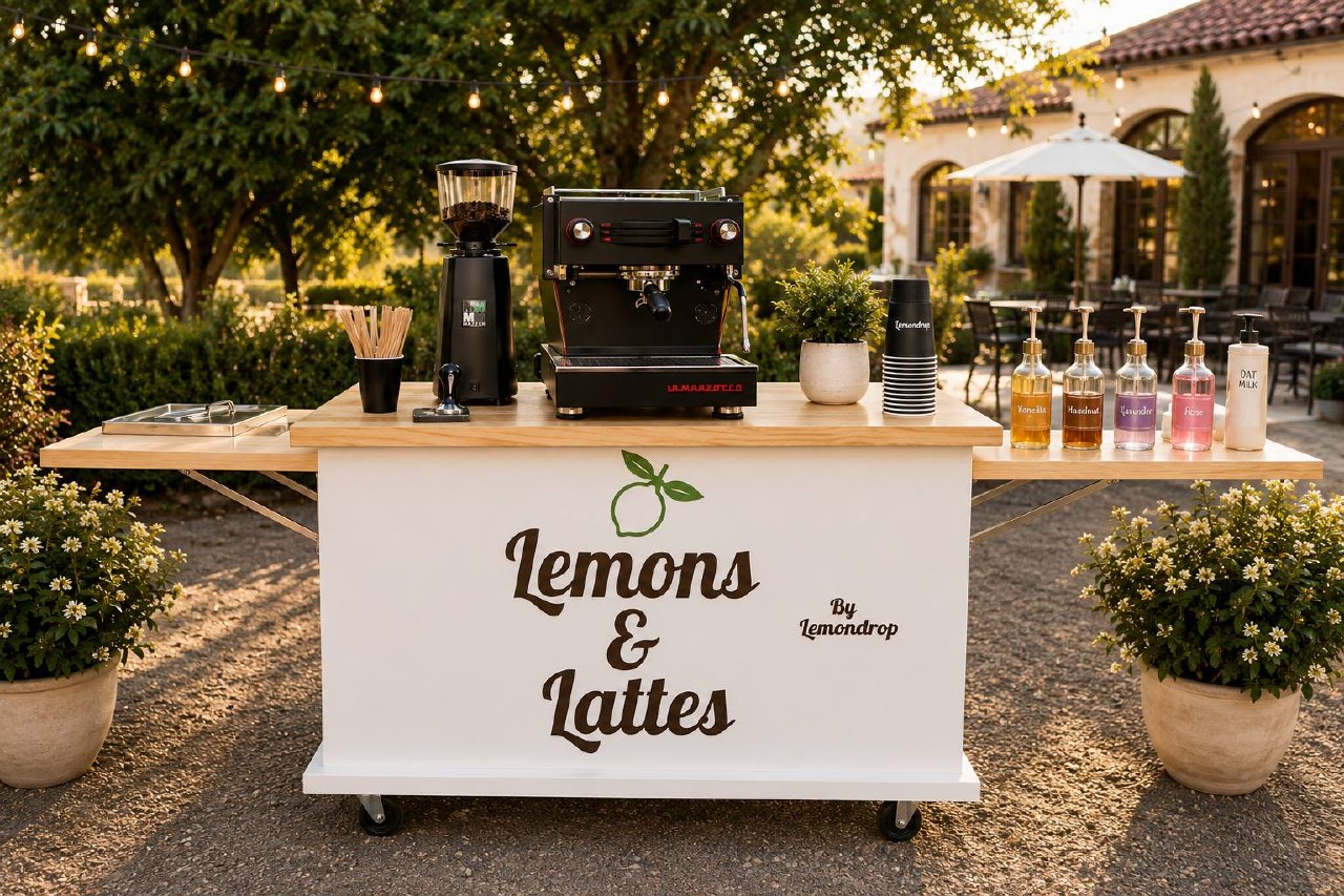 The Lemons & Lattes by Lemondrop coffee cart styled at a villa event at golden hour